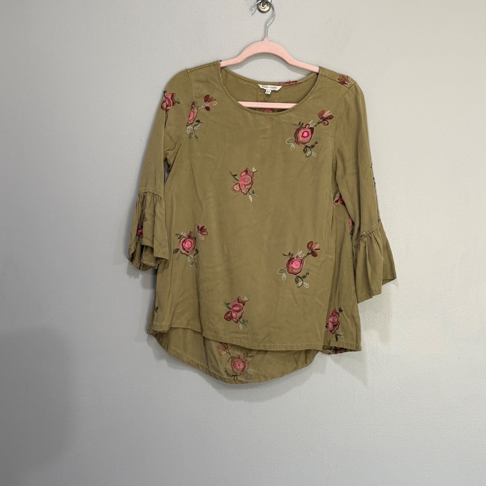 John Mark Olive Green Floral Embroidered Bell Sleeve Blouse XS boho peasant